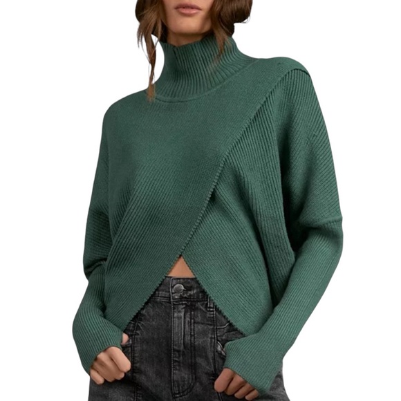 Elan Sweaters - Elan Crossover Ribbed Knit Sweater Green Asymmetrical Viscose Blend Modern Small